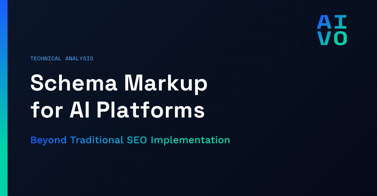 Technical Analysis category with headline Schema Markup for AI Platforms and subheadline Beyond Traditional SEO Implementation on dark gradient background with dot matrix pattern and AIVO grid logo - Schema Strategy Comparison