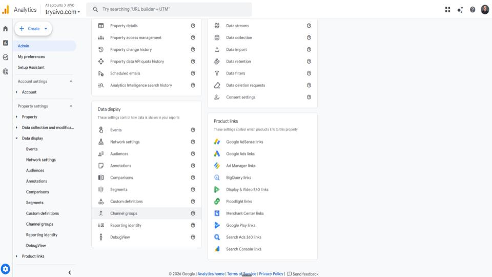 Google Analytics 4 Admin navigation showing Data display and Channel groups where you create a custom channel group for AI traffic