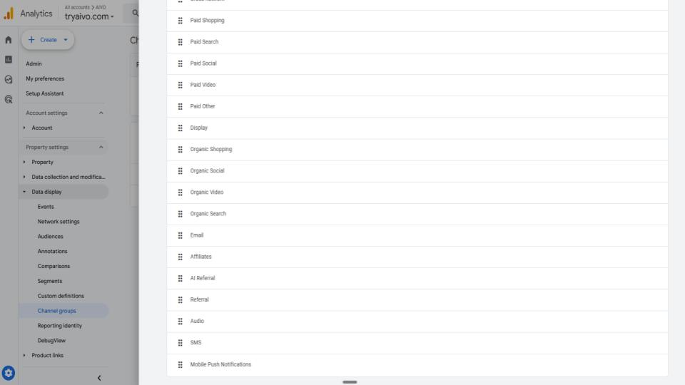 GA4 channel group rule order showing AI Search placed above Referral so AI assistant sources match before the generic Referral channel